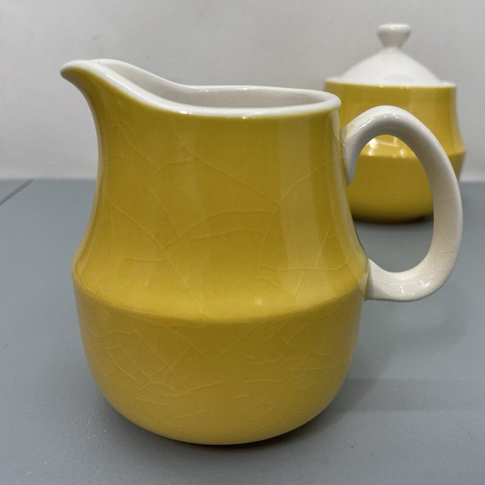 Vintage Mikasa Creamer Sugar Set Japan Cera-Stone Yellow White MCM D1350 - Picture 2 of 8